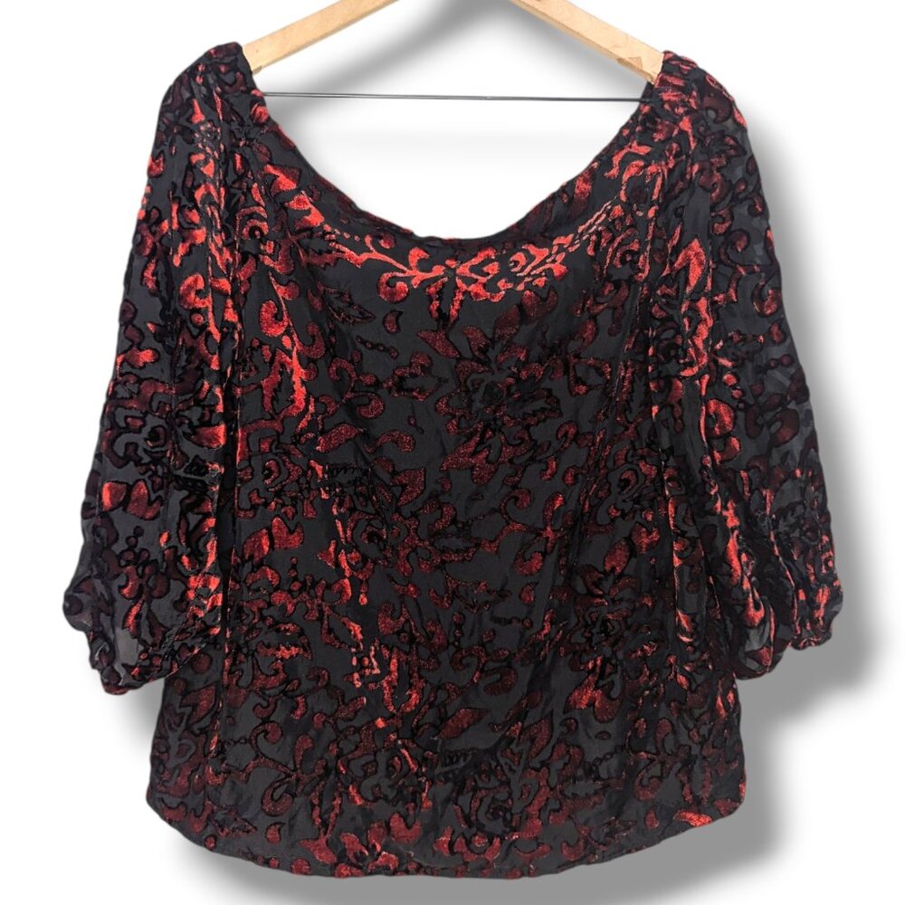 Chico's Design Women Sz 2 Large Red Velvet Burnout Blouse Dark Romantic Boho